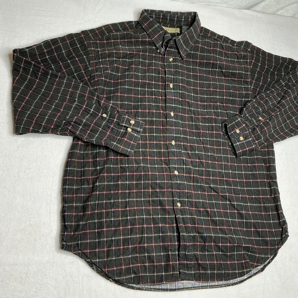 NATURALIFE Plaid Button Down Shirt Men's XL Green Red White Long Sleeve Cotton‎
